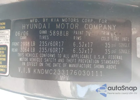 2007 Hyundai Entourage Gls/Limited/Se z USA, uszkodzony, nr VIN KNDMC233176030111